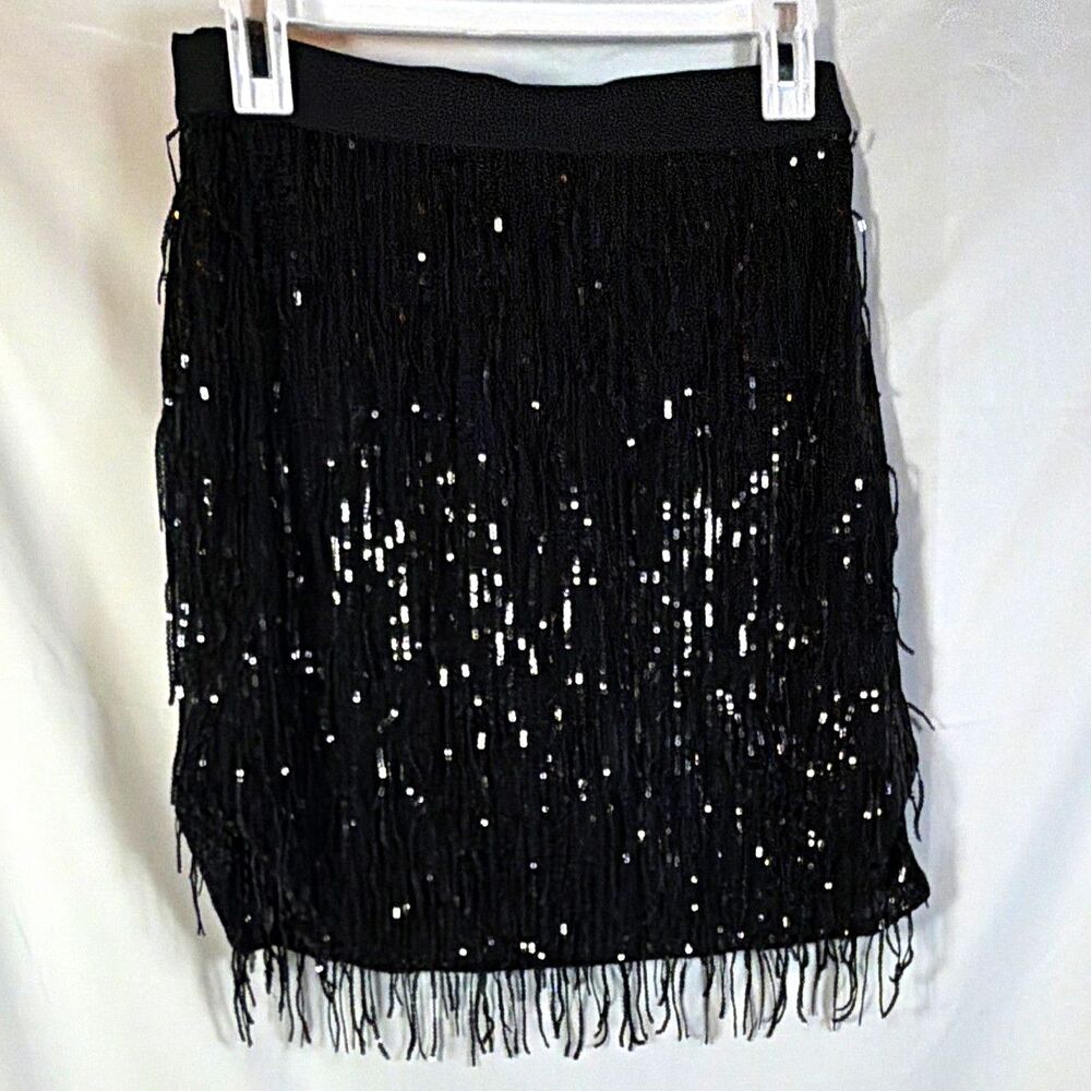Women’s Black Sequin Fringe Mini Skirt Pull On Party/Cocktail Solid Short